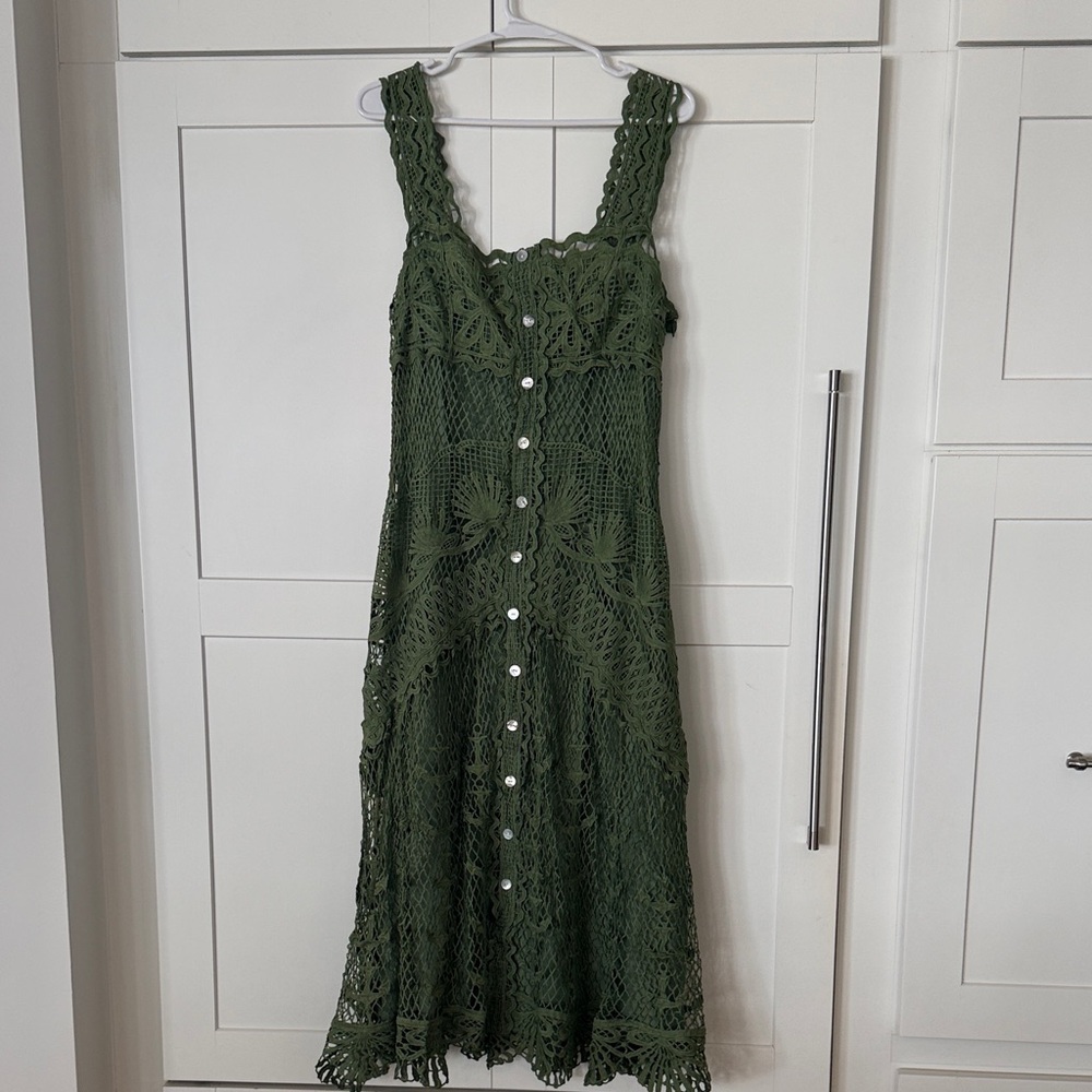 FARM Rio Olive Green Crochet Midi Dress - Picture 2 of 9